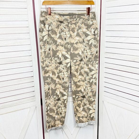 Chicos Tropical Print Crop Cargo Pants Tan Yellow XS 2 Cotton Twill Pull On - Picture 1 of 13